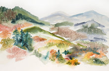 Load image into Gallery viewer, 26” x 40” original watercolor abstract landscape painting of mountains and autumn or fall leaves in an expressive, impressionist, minimalist, modern style by contemporary fine artist Elizabeth Becker. Muted earth tones. Olive green, dark forest green, muted red, soft gray and white colors.