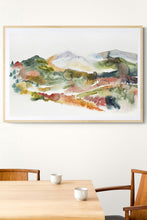 Load image into Gallery viewer, 26” x 40” original watercolor abstract landscape painting of mountains and autumn or fall leaves in an expressive, impressionist, minimalist, modern style by contemporary fine artist Elizabeth Becker. Muted earth tones.