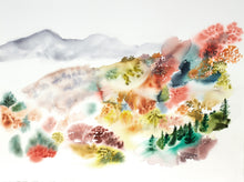 Load image into Gallery viewer, 22” x 30” original watercolor abstract landscape painting of foggy mountains and autumn or fall leaves in an expressive, impressionist, minimalist, modern style by contemporary fine artist Elizabeth Becker. Muted earth tones. Dark green, burnt orange, muted red, gray and white colors.