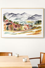 Load image into Gallery viewer, 26” x 40” original watercolor abstract landscape painting of mountains and autumn or fall leaves in an expressive, impressionist, minimalist, modern style by contemporary fine artist Elizabeth Becker. Muted earth tones. Yellow ochre, soft red, olive green, gray and white colors. Framed.