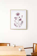 Load image into Gallery viewer, 12” x 16” original watercolor botanical queen anne's lace wildflower painting in an ethereal, expressive, impressionist, minimalist, modern style by contemporary fine artist Elizabeth Becker. Deep maroon, burgundy and white colors. Framed.