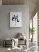 Load image into Gallery viewer, 22.5" x 30" original watercolor botanical iris flower painting in an expressive, loose, watery, minimalist, modern style by contemporary fine artist Elizabeth Becker. Prints available. Deep ink blue, dark payne's gray, black, purple and olive green colors with white background. Framed.