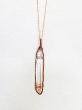 Load image into Gallery viewer, Clear Quartz & Wire-Wrapped Copper Pendant Necklace. Genuine Real Raw Crystal Gemstone, Sourced in Asheville, North Carolina. Minimalist Modern Bohemian Design. Authentic One-of-a-Kind Handmade Jewelry.