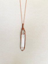 Load image into Gallery viewer, Clear Quartz & Wire-Wrapped Copper Pendant Necklace. Genuine Real Raw Crystal Gemstone, Sourced in Asheville, North Carolina. Minimalist Modern Bohemian Design. Authentic One-of-a-Kind Handmade Jewelry.