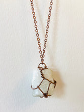 Load image into Gallery viewer, White Quartz Pendant Necklace in Wire Wrapped Antique Copper. Genuine Real Raw Crystal Gemstone Found on a Hike near Asheville, North Carolina. Minimalist Modern Bohemian Style. Small Geometric Square with Criss-Cross Diamond Design. Authentic One-of-a-Kind Simple Handmade Jewelry.
