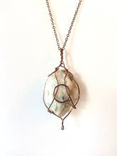 Load image into Gallery viewer, White Quartz & Mica Wire-Wrapped Copper Pendant Necklace. Genuine Real Raw Crystal Gemstone. Foraged Rock Found on a Hike near Asheville in Western North Carolina. Minimalist Modern Bohemian Style with Circle Design. Authentic One-of-a-Kind Handmade Jewelry.