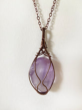 Load image into Gallery viewer, Amethyst Wire-Wrapped Copper Pendant Necklace. Genuine Real Raw Purple Crystal Gemstone Sourced in Asheville, North Carolina. Minimalist Modern Bohemian Style with Criss-Cross Design. Authentic One-of-a-Kind Handmade Jewelry.