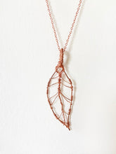 Load image into Gallery viewer, Wire-Wrapped Copper Leaf Pendant Necklace. Delicate Intricate Minimalist Modern Bohemian Nature Design. Authentic One-of-a-Kind Handmade Jewelry.