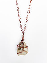 Load image into Gallery viewer, White Quartz & Mica Wire-Wrapped Copper Pendant Necklace. Genuine Real Raw Crystal Gemstone. Foraged Rock Found on a Hike near Asheville in Western North Carolina. Minimalist Modern Bohemian Style with Criss Cross X Design. Authentic One-of-a-Kind Handmade Jewelry.