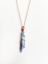 Load image into Gallery viewer, Blue Kyanite Wire-Wrapped Copper Pendant Necklace. Genuine Real Raw Gemstone Crystal Shard Sourced in Asheville, North Carolina. Minimalist Modern Bohemian Style Design. Authentic One-of-a-Kind Handmade Jewelry.