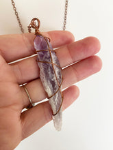 Load image into Gallery viewer, Amethyst Wire-Wrapped Copper Pendant Necklace. Genuine Real Raw Uncut Rough Gemstone Crystal Shard Sourced in Asheville, North Carolina. Minimalist Modern Bohemian Style Design. Authentic One-of-a-Kind Handmade Jewelry.