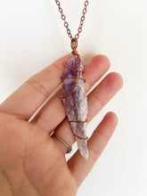 Load image into Gallery viewer, Amethyst Wire-Wrapped Copper Pendant Necklace. Genuine Real Raw Uncut Rough Gemstone Crystal Shard Sourced in Asheville, North Carolina. Minimalist Modern Bohemian Style Design. Authentic One-of-a-Kind Handmade Jewelry.