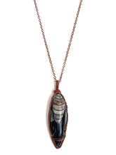 Load image into Gallery viewer, Ancient Orthoceras Fossial & Wire-Wrapped Antique Copper Pendant Necklace. Genuine Real Oblong Black Gemstone Sourced in Asheville, North Carolina. Minimalist Modern Bohemian Style Design. Authentic One-of-a-Kind Handmade Jewelry.