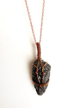 Load image into Gallery viewer, Black Mica (Biotite) Wire-Wrapped Copper Pendant Necklace. Genuine Real Raw Rough Uncut Sparkling Crystal Gemstone. Foraged Rock Found on a Hike near Asheville in Western North Carolina. Minimalist Modern Bohemian Style Design. Authentic One-of-a-Kind Handmade Jewelry.