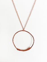 Load image into Gallery viewer, Hammered Wire-Wrapped Copper Circle Pendant Necklace. Delicate Intricate Minimalist Modern Bohemian Design. Authentic One-of-a-Kind Handmade Jewelry.
