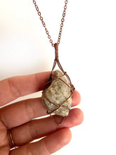 Load image into Gallery viewer, White Quartz & Mica Wire-Wrapped Copper Pendant Necklace. Genuine Real Raw Crystal Gemstone. Foraged Rock Found on a Hike near Asheville in Western North Carolina. Minimalist Modern Bohemian Style with Criss Cross X Design. Authentic One-of-a-Kind Handmade Jewelry.