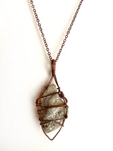 Load image into Gallery viewer, White Quartz & Mica Wire-Wrapped Copper Pendant Necklace. Genuine Real Raw Crystal Gemstone. Foraged Rock Found on a Hike near Asheville in Western North Carolina. Minimalist Modern Bohemian Style with Criss Cross X Design. Authentic One-of-a-Kind Handmade Jewelry.