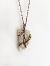 Load image into Gallery viewer, White Quartz & Mica Wire-Wrapped Copper Pendant Necklace. Genuine Real Raw Crystal Gemstone Shard. Foraged Rock Found on a Hike near Asheville in Western North Carolina. Minimalist Modern Bohemian Style with Circle Design. Authentic One-of-a-Kind Handmade Jewelry.