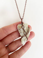 Load image into Gallery viewer, White Quartz & Mica Wire-Wrapped Copper Pendant Necklace. Genuine Real Raw Crystal Gemstone Shard. Foraged Rock Found on a Hike near Asheville in Western North Carolina. Minimalist Modern Bohemian Style with Circle Design. Authentic One-of-a-Kind Handmade Jewelry.