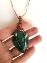Load image into Gallery viewer, Green Jasper Wire-Wrapped Antique Copper Pendant Necklace. Genuine Real Raw Crystal Gemstone Sourced in Asheville, North Carolina. Minimalist Modern Bohemian Style with Swirl or Swoop Design. Authentic One-of-a-Kind Handmade Jewelry.