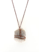 Load image into Gallery viewer, White and Gray Striped Quartz & Wire-Wrapped Copper Pendant Necklace. Genuine Real Raw Uncut Rough Crystal Gemstone. Foraged Rock Found on a Hike near Asheville in Western North Carolina. Minimalist Modern Bohemian Style Design. Authentic One-of-a-Kind Handmade Jewelry.