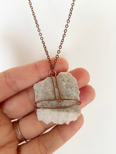 Load image into Gallery viewer, White and Gray Striped Quartz & Wire-Wrapped Copper Pendant Necklace. Genuine Real Raw Uncut Rough Crystal Gemstone. Foraged Rock Found on a Hike near Asheville in Western North Carolina. Minimalist Modern Bohemian Style Design. Authentic One-of-a-Kind Handmade Jewelry.