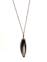 Load image into Gallery viewer, Ancient Orthoceras Fossial & Wire-Wrapped Antique Copper Pendant Necklace. Genuine Real Oblong Black Gemstone Sourced in Asheville, North Carolina. Minimalist Modern Bohemian Style Design. Authentic One-of-a-Kind Handmade Jewelry.