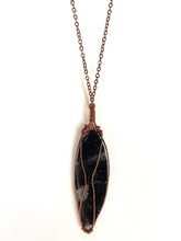 Load image into Gallery viewer, Ancient Orthoceras Fossial & Wire-Wrapped Antique Copper Pendant Necklace. Genuine Real Oblong Black Gemstone Sourced in Asheville, North Carolina. Minimalist Modern Bohemian Style Design. Authentic One-of-a-Kind Handmade Jewelry.
