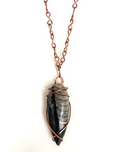 Load image into Gallery viewer, Ancient Orthoceras Fossial & Wire-Wrapped Antique Copper Pendant Necklace. Genuine Real Oblong Black Gemstone Sourced in Asheville, North Carolina. Minimalist Modern Bohemian Style Design. Authentic One-of-a-Kind Handmade Jewelry.