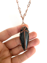 Load image into Gallery viewer, Ancient Orthoceras Fossial & Wire-Wrapped Antique Copper Pendant Necklace. Genuine Real Oblong Black Gemstone Sourced in Asheville, North Carolina. Minimalist Modern Bohemian Style Design. Authentic One-of-a-Kind Handmade Jewelry.