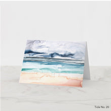 Load image into Gallery viewer, Greeting card featuring print of watercolor painting by contemporary artist Elizabeth Becker. Blank inside for any occasion. Abstract seascape. Expressive, impressionist, minimalist, modern beach scene. Dark blue, gray, turquoise, teal, peach and white colors.  Loose, expressive, minimalist, modern watercolor art.