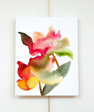 Load image into Gallery viewer, 16" x 20" original acrylic or watercolor botanical abstract flower painting on canvas. Varnished and ready-to-hang. Expressive, loose, watery, minimalist, modern style by contemporary fine artist Elizabeth Becker. Prints available. Bright and colorful. Vibrant red, dark fuchsia pink and olive green colors.