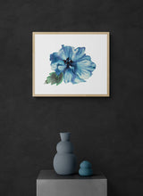 Load image into Gallery viewer, 16" x 20" original watercolor botanical anemone floral painting in an expressive, loose, watery, minimalist, modern style by contemporary fine artist Elizabeth Becker. Prints available. Monochromatic dark blue, black and green colors on white background.