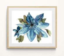 Load image into Gallery viewer, 16" x 20" original watercolor botanical anemone floral painting in an expressive, loose, watery, minimalist, modern style by contemporary fine artist Elizabeth Becker. Prints available. Monochromatic blue, black and olive green colors on white background.