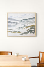 Load image into Gallery viewer, 16” x 20” original watercolor abstract landscape painting of the Appalachian mountains, Asheville, North Carolina, in an expressive, impressionist, minimalist, modern style by contemporary fine artist Elizabeth Becker. Soft, muted cool colors (light blue, olive green, gray, white).