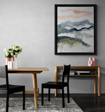 Load image into Gallery viewer, 16” x 20” original watercolor abstract sunset landscape painting of the Appalachian mountains, Asheville, North Carolina, in an expressive, impressionist, minimalist, modern style by contemporary fine artist Elizabeth Becker. Loose brushstrokes. Soft, muted colors (peach, payne's gray, white, cornflower blue, mossy olive gold green)
