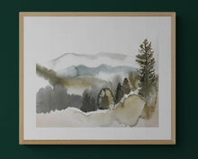 Load image into Gallery viewer, 16” x 20” original watercolor abstract landscape painting of the Appalachian mountain layers, Asheville, North Carolina, in an expressive, impressionist, minimalist, modern style by contemporary fine artist Elizabeth Becker.