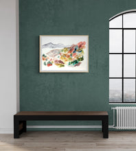 Load image into Gallery viewer, 22” x 30” original watercolor abstract landscape painting of foggy mountains and autumn or fall leaves in an expressive, impressionist, minimalist, modern style by contemporary fine artist Elizabeth Becker. Muted earth tones. Dark green, burnt orange, muted red, gray and white colors.