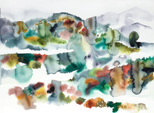 Load image into Gallery viewer, 22” x 30” original watercolor abstract landscape painting of foggy mountains and autumn or fall leaves in an expressive, impressionist, minimalist, modern style by contemporary fine artist Elizabeth Becker. Muted earth tones. Monochromatic dark green, red and white colors.