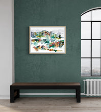 Load image into Gallery viewer, 22” x 30” original watercolor abstract landscape painting of foggy mountains and autumn or fall leaves in an expressive, impressionist, minimalist, modern style by contemporary fine artist Elizabeth Becker. Muted earth tones. Monochromatic dark green, red and white colors.