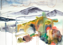 Load image into Gallery viewer, 22” x 30” original watercolor abstract landscape painting of foggy mountains and autumn or fall leaves in an expressive, impressionist, minimalist, modern style by contemporary fine artist Elizabeth Becker. Muted earth tones. Wet-on-wet blooms and drips.