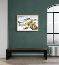 Load image into Gallery viewer, 22” x 30” original watercolor abstract landscape painting of foggy mountains and autumn or fall leaves in an expressive, impressionist, minimalist, modern style by contemporary fine artist Elizabeth Becker. Muted earth tones. Wet-on-wet blooms and drips.
