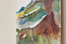 Load image into Gallery viewer, 30” x 40" original watercolor painting on canvas. Abstract autumnal or fall landscape of foggy misty mountain layers in an expressive, impressionist, loose, watery, flowing, ethereal, minimalist, modern, moody style by contemporary fine artist Elizabeth Becker. Inspired by Asheville, North Carolina or Colorado. Muted dark red, olive green, rust orange, yellow, blue and white colors.