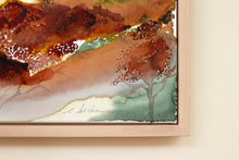 Load image into Gallery viewer, 24” x 36" original watercolor painting on canvas in 26" x 38" natural maple solid wood floater frame. Abstract autumnal or fall landscape of foggy misty mountain layers with flying birds in an expressive, impressionist, loose, watery, flowing, ethereal, minimalist, modern, moody style by contemporary fine artist Elizabeth Becker. Inspired by Asheville, North Carolina or Colorado. Dark red, rust, burnt orange, olive green, rust orange, teal blue, gray and white colors.