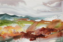 Load image into Gallery viewer, 24” x 36" original watercolor painting on canvas in 26" x 38" natural maple solid wood floater frame. Abstract autumnal or fall landscape of foggy misty mountain layers with flying birds in an expressive, impressionist, loose, watery, flowing, ethereal, minimalist, modern, moody style by contemporary fine artist Elizabeth Becker. Inspired by Asheville, North Carolina or Colorado. Dark red, rust, burnt orange, olive green, rust orange, teal blue, gray and white colors.