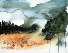 Load image into Gallery viewer, 11” x 14" original watercolor painting on canvas. Abstract landscape of foggy autumn meadow and forest with flying birds in an expressive, impressionist, loose, watery, minimalist, modern style with drips by contemporary fine artist Elizabeth Becker.