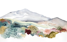 Load image into Gallery viewer, 10.25” x 16" original watercolor abstract landscape painting of foggy autumn mountains in an expressive, loose, watery, minimalist, modern style by contemporary fine artist Elizabeth Becker. Muted soft gray, olive green, deep red, peach and white colors.