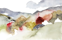 Load image into Gallery viewer, 10.25” x 16" original watercolor abstract landscape painting of foggy autumn mountains in an expressive, loose, watery, minimalist, modern style by contemporary fine artist Elizabeth Becker. Muted soft gray, olive green, deep red and white colors.