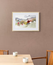 Load image into Gallery viewer, 10.25” x 16" original watercolor abstract landscape painting of foggy autumn mountains in an expressive, loose, watery, minimalist, modern style by contemporary fine artist Elizabeth Becker. Muted soft gray, olive green, deep red and white colors. Framed in a dining room.