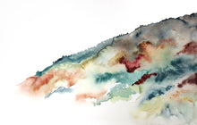 Load image into Gallery viewer, 10.25” x 16" original watercolor abstract landscape painting of foggy autumn mountains in an expressive, loose, watery, minimalist, modern style by contemporary fine artist Elizabeth Becker. Muted moody soft peach, dark green, deep red and white colors.